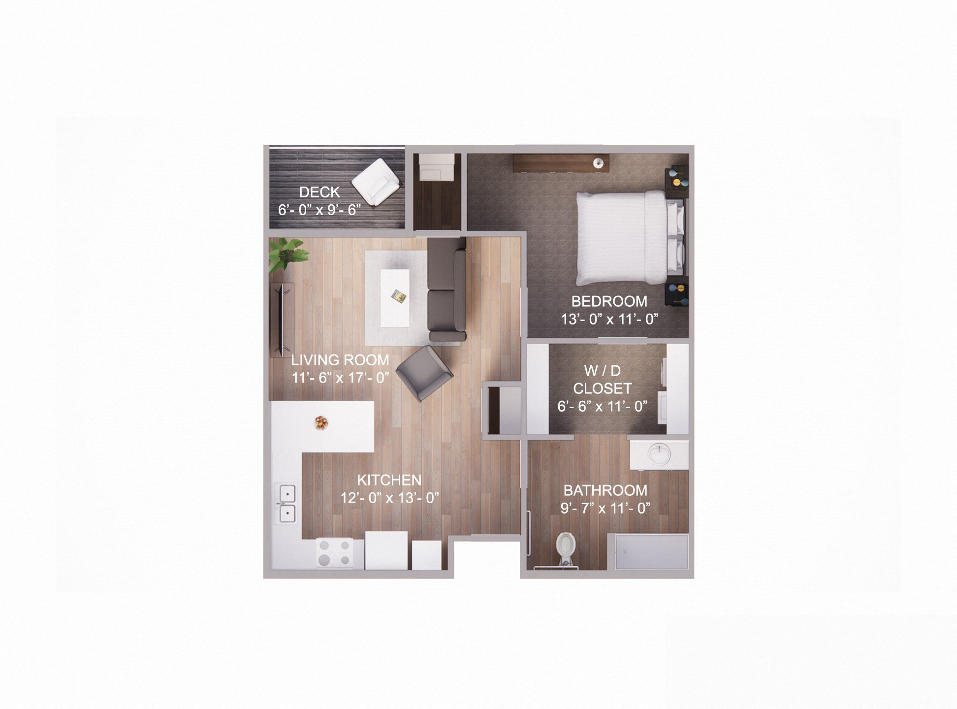 Floor plan for 1 bed, 1 bath, 830 sqft